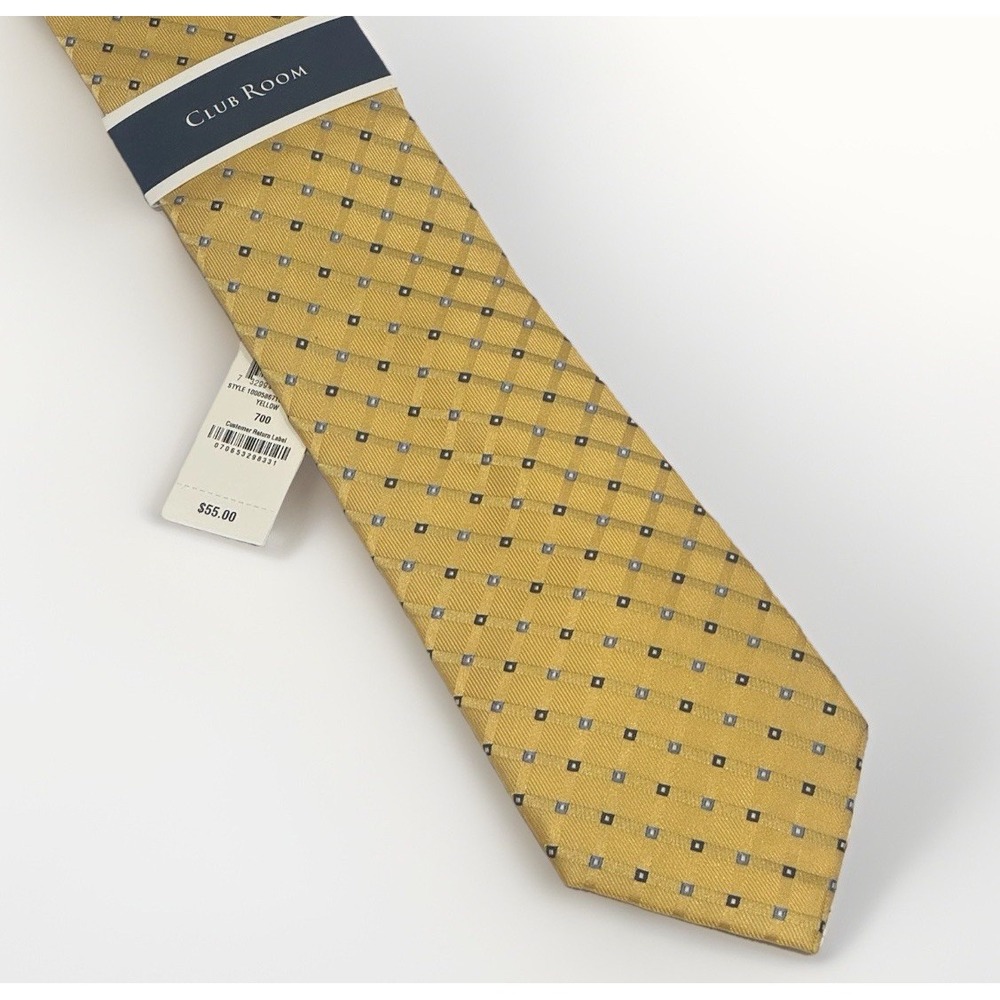NEW $55 Club Room Men's Yellow Blue Grid Squares Geometric 100% Silk Neck Tie 3"